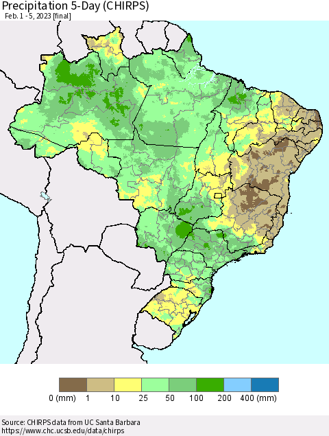 Brazil Precipitation 5-Day (CHIRPS) Thematic Map For 2/1/2023 - 2/5/2023