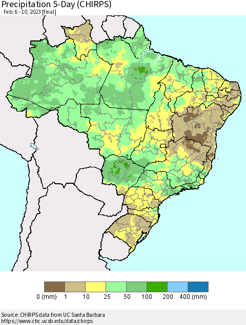 Brazil Precipitation 5-Day (CHIRPS) Thematic Map For 2/6/2023 - 2/10/2023