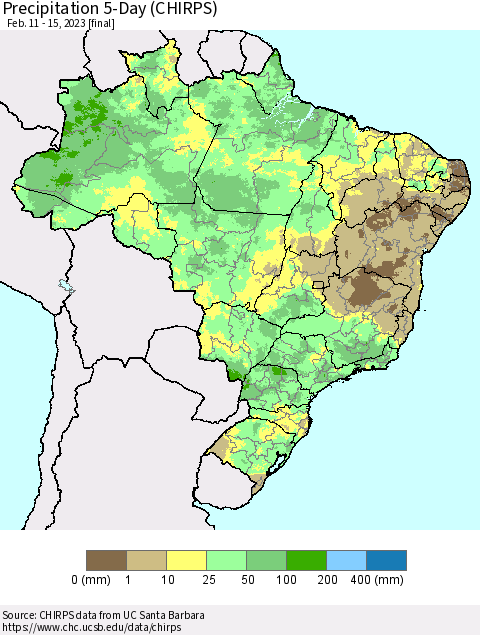 Brazil Precipitation 5-Day (CHIRPS) Thematic Map For 2/11/2023 - 2/15/2023