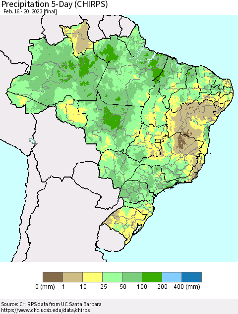 Brazil Precipitation 5-Day (CHIRPS) Thematic Map For 2/16/2023 - 2/20/2023