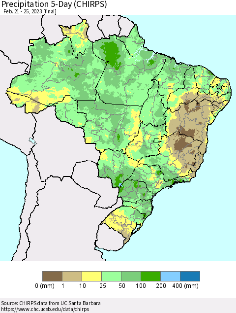 Brazil Precipitation 5-Day (CHIRPS) Thematic Map For 2/21/2023 - 2/25/2023