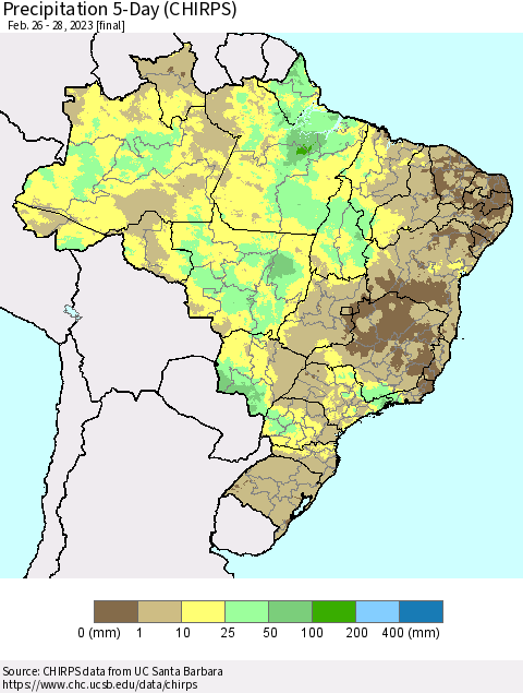Brazil Precipitation 5-Day (CHIRPS) Thematic Map For 2/26/2023 - 2/28/2023