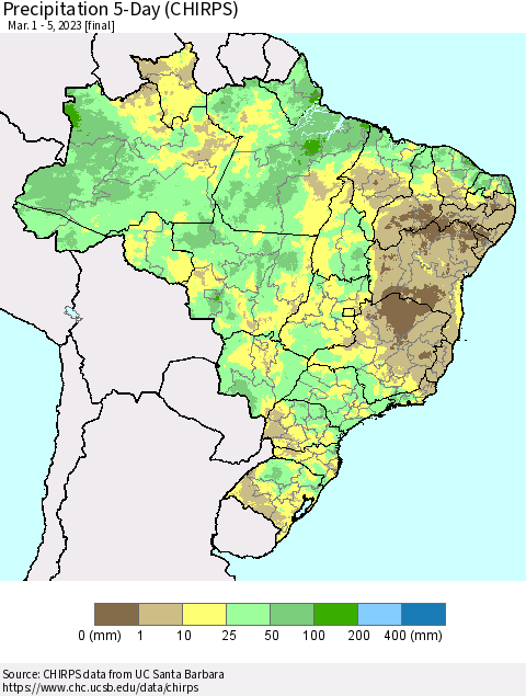 Brazil Precipitation 5-Day (CHIRPS) Thematic Map For 3/1/2023 - 3/5/2023