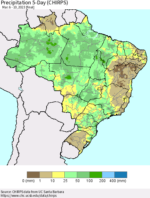 Brazil Precipitation 5-Day (CHIRPS) Thematic Map For 3/6/2023 - 3/10/2023