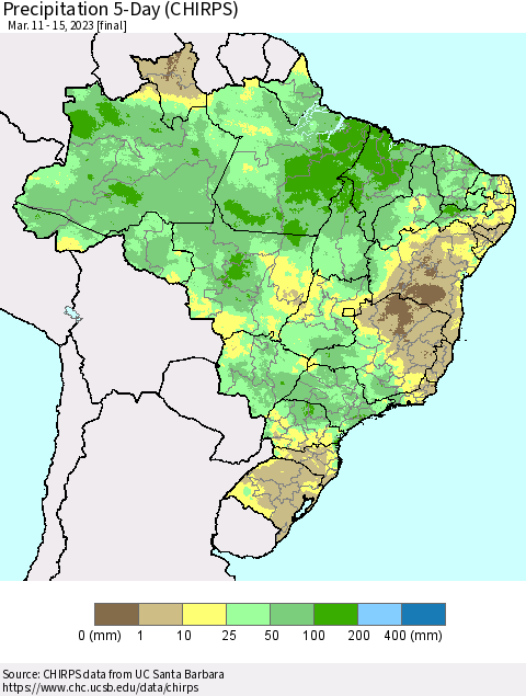 Brazil Precipitation 5-Day (CHIRPS) Thematic Map For 3/11/2023 - 3/15/2023
