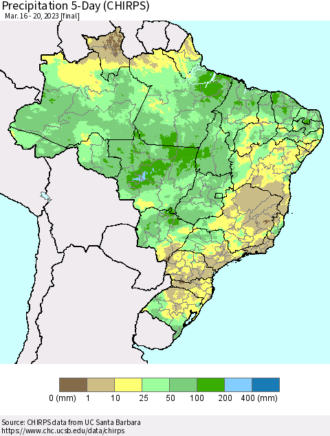 Brazil Precipitation 5-Day (CHIRPS) Thematic Map For 3/16/2023 - 3/20/2023