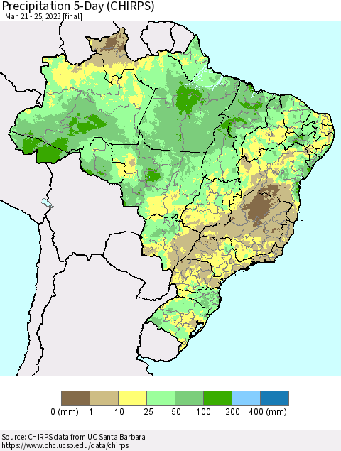 Brazil Precipitation 5-Day (CHIRPS) Thematic Map For 3/21/2023 - 3/25/2023