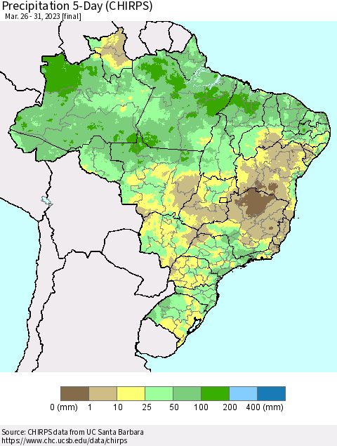 Brazil Precipitation 5-Day (CHIRPS) Thematic Map For 3/26/2023 - 3/31/2023