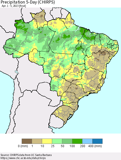 Brazil Precipitation 5-Day (CHIRPS) Thematic Map For 4/1/2023 - 4/5/2023