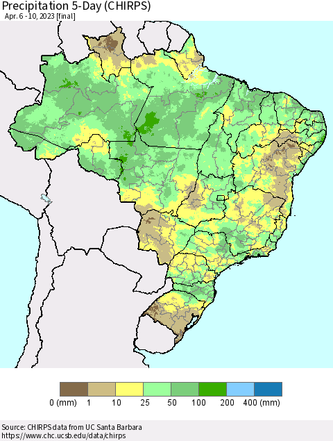 Brazil Precipitation 5-Day (CHIRPS) Thematic Map For 4/6/2023 - 4/10/2023