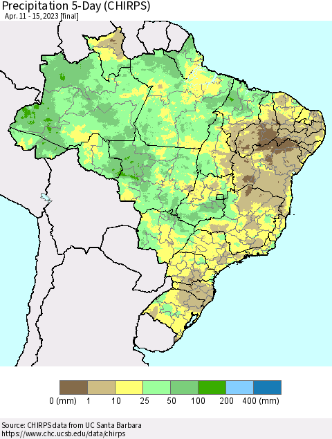 Brazil Precipitation 5-Day (CHIRPS) Thematic Map For 4/11/2023 - 4/15/2023