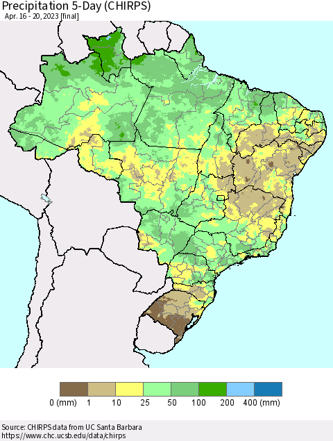 Brazil Precipitation 5-Day (CHIRPS) Thematic Map For 4/16/2023 - 4/20/2023