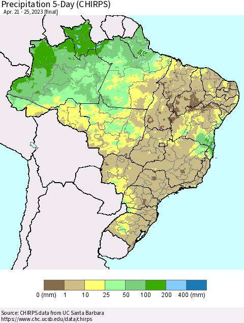 Brazil Precipitation 5-Day (CHIRPS) Thematic Map For 4/21/2023 - 4/25/2023