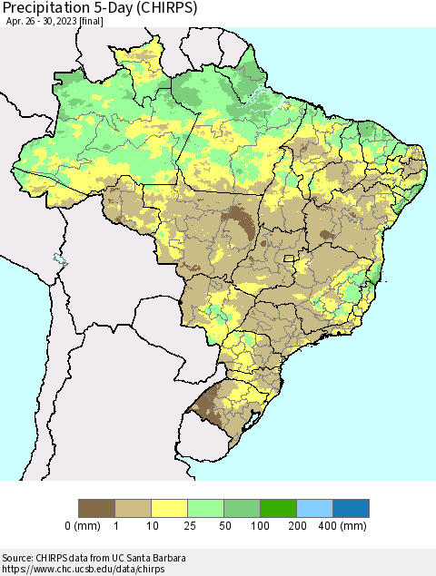 Brazil Precipitation 5-Day (CHIRPS) Thematic Map For 4/26/2023 - 4/30/2023
