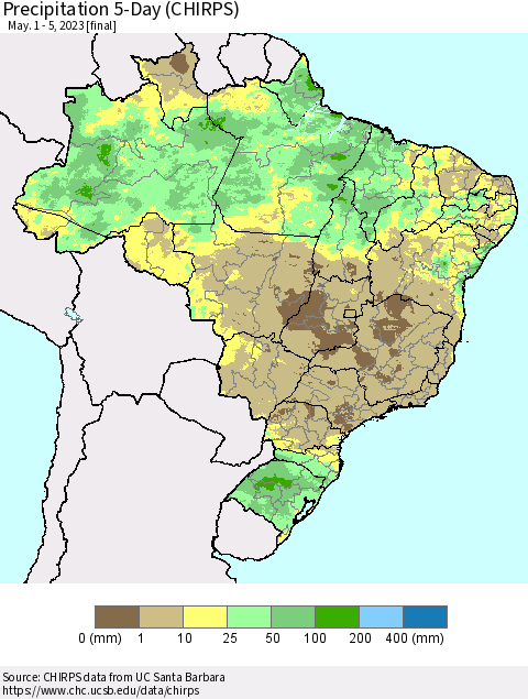 Brazil Precipitation 5-Day (CHIRPS) Thematic Map For 5/1/2023 - 5/5/2023
