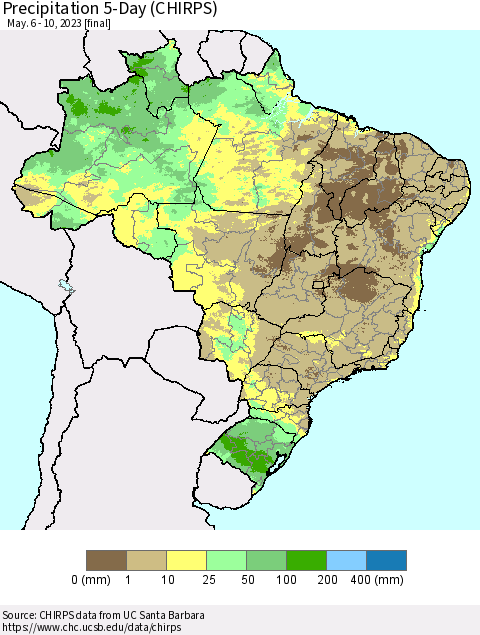 Brazil Precipitation 5-Day (CHIRPS) Thematic Map For 5/6/2023 - 5/10/2023