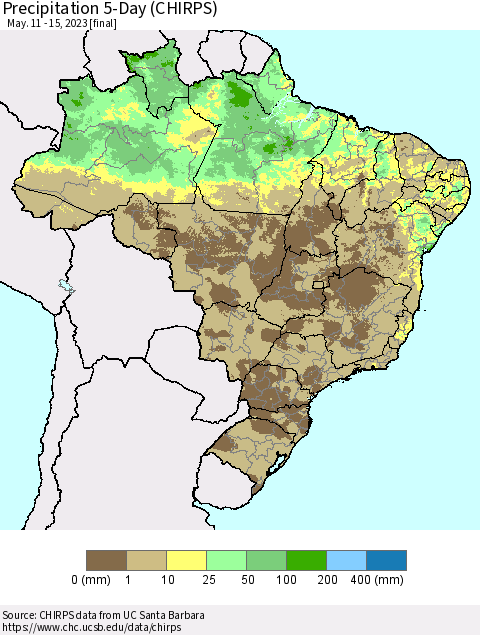 Brazil Precipitation 5-Day (CHIRPS) Thematic Map For 5/11/2023 - 5/15/2023