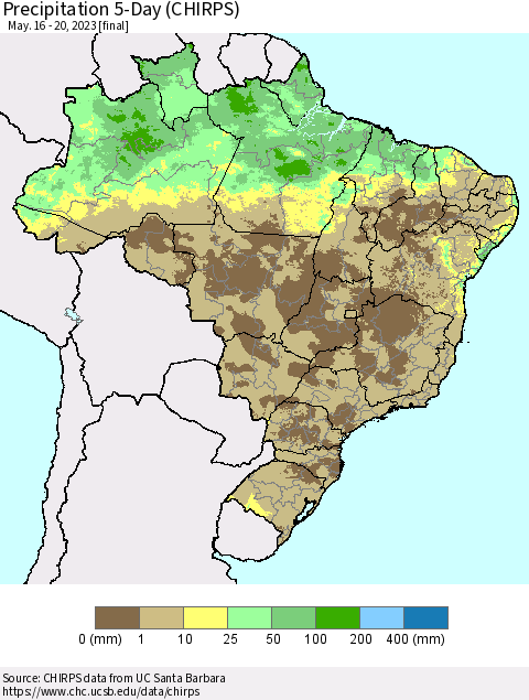 Brazil Precipitation 5-Day (CHIRPS) Thematic Map For 5/16/2023 - 5/20/2023