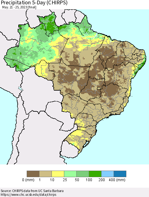 Brazil Precipitation 5-Day (CHIRPS) Thematic Map For 5/21/2023 - 5/25/2023