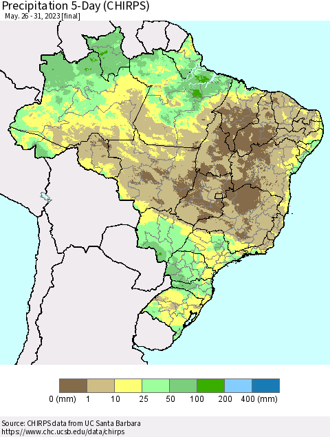 Brazil Precipitation 5-Day (CHIRPS) Thematic Map For 5/26/2023 - 5/31/2023