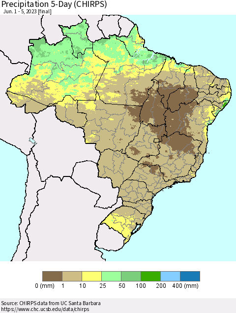 Brazil Precipitation 5-Day (CHIRPS) Thematic Map For 6/1/2023 - 6/5/2023