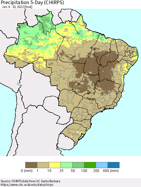 Brazil Precipitation 5-Day (CHIRPS) Thematic Map For 6/6/2023 - 6/10/2023