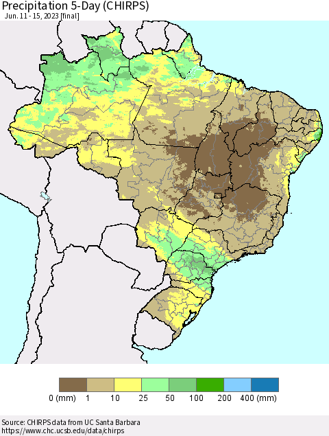 Brazil Precipitation 5-Day (CHIRPS) Thematic Map For 6/11/2023 - 6/15/2023