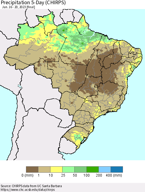 Brazil Precipitation 5-Day (CHIRPS) Thematic Map For 6/16/2023 - 6/20/2023