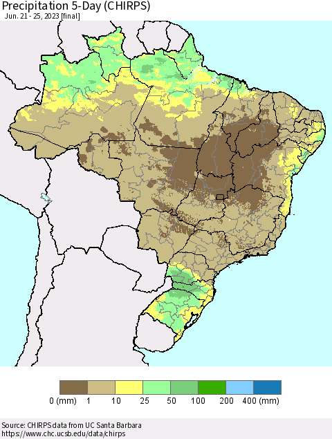 Brazil Precipitation 5-Day (CHIRPS) Thematic Map For 6/21/2023 - 6/25/2023