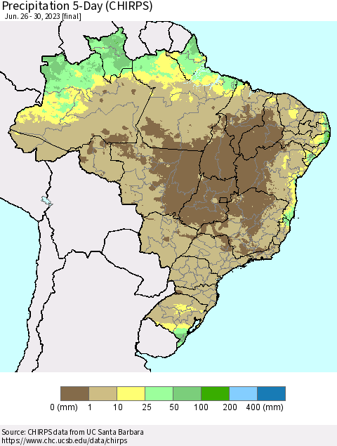 Brazil Precipitation 5-Day (CHIRPS) Thematic Map For 6/26/2023 - 6/30/2023