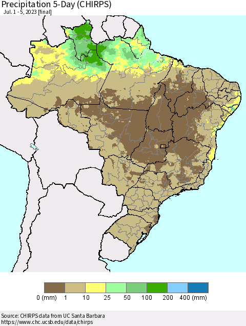 Brazil Precipitation 5-Day (CHIRPS) Thematic Map For 7/1/2023 - 7/5/2023