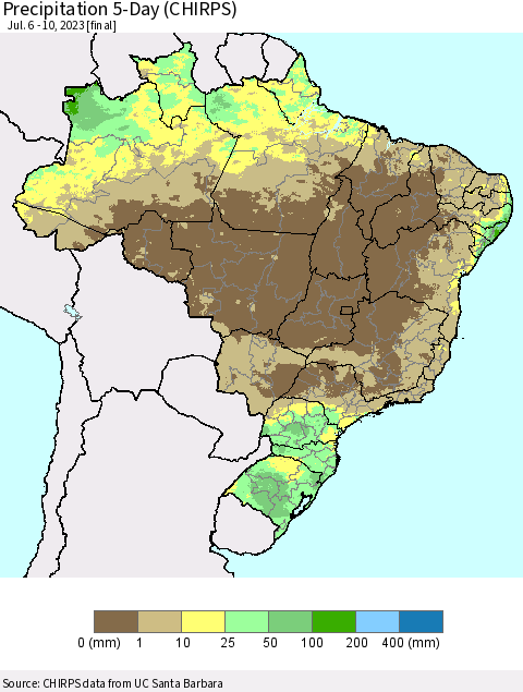 Brazil Precipitation 5-Day (CHIRPS) Thematic Map For 7/6/2023 - 7/10/2023