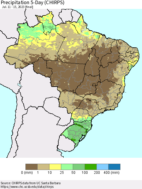 Brazil Precipitation 5-Day (CHIRPS) Thematic Map For 7/11/2023 - 7/15/2023