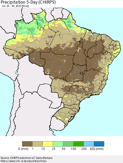 Brazil Precipitation 5-Day (CHIRPS) Thematic Map For 7/16/2023 - 7/20/2023