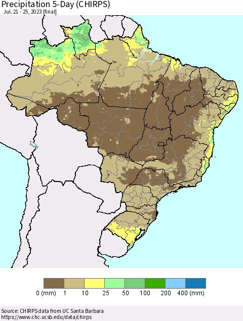 Brazil Precipitation 5-Day (CHIRPS) Thematic Map For 7/21/2023 - 7/25/2023