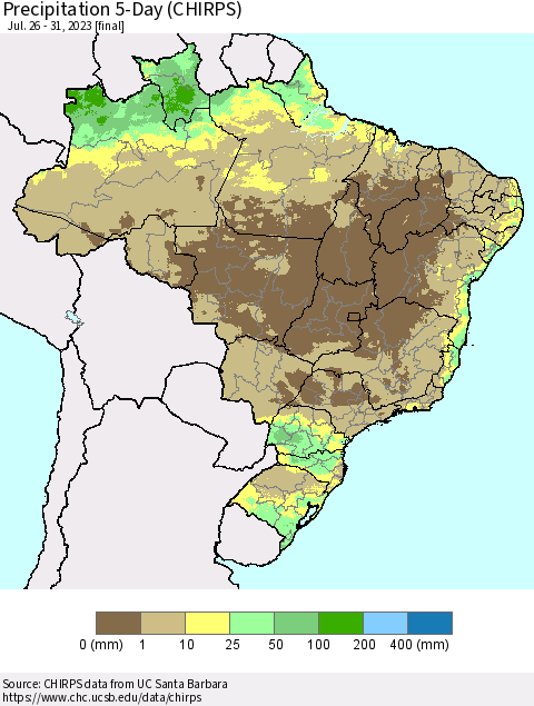 Brazil Precipitation 5-Day (CHIRPS) Thematic Map For 7/26/2023 - 7/31/2023