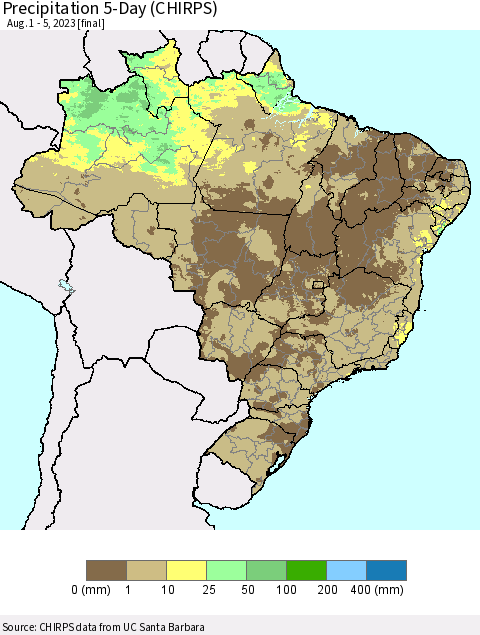 Brazil Precipitation 5-Day (CHIRPS) Thematic Map For 8/1/2023 - 8/5/2023