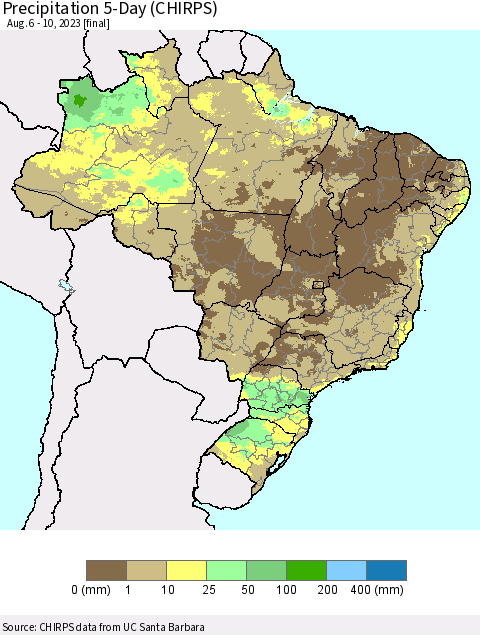 Brazil Precipitation 5-Day (CHIRPS) Thematic Map For 8/6/2023 - 8/10/2023