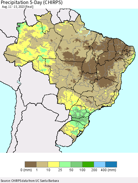 Brazil Precipitation 5-Day (CHIRPS) Thematic Map For 8/11/2023 - 8/15/2023