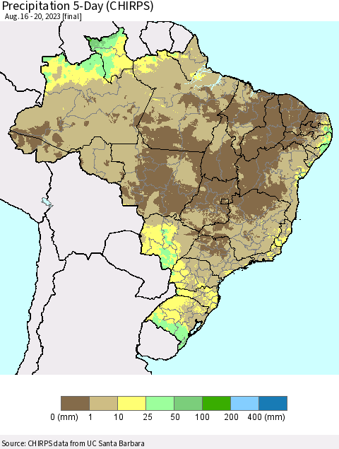 Brazil Precipitation 5-Day (CHIRPS) Thematic Map For 8/16/2023 - 8/20/2023