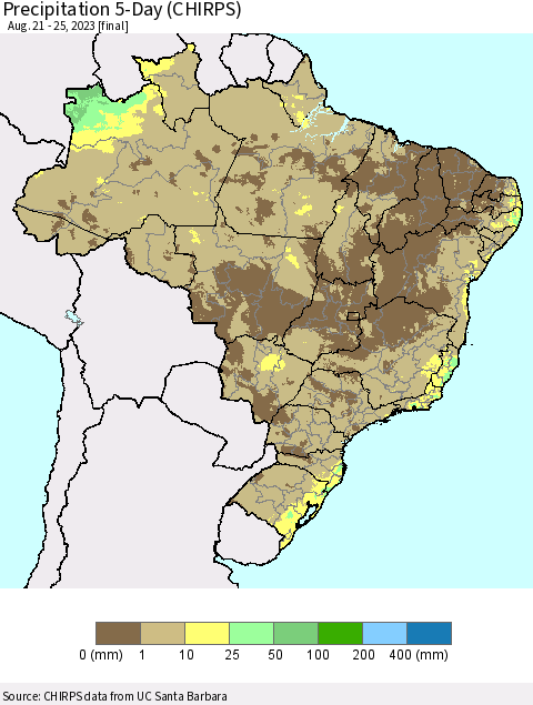 Brazil Precipitation 5-Day (CHIRPS) Thematic Map For 8/21/2023 - 8/25/2023