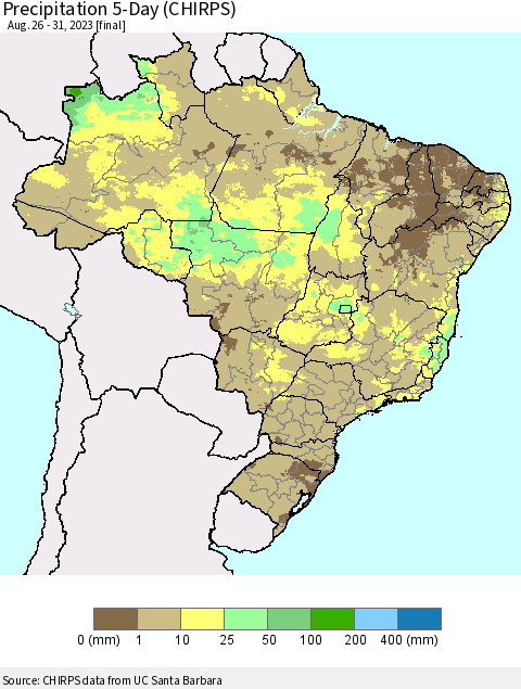 Brazil Precipitation 5-Day (CHIRPS) Thematic Map For 8/26/2023 - 8/31/2023