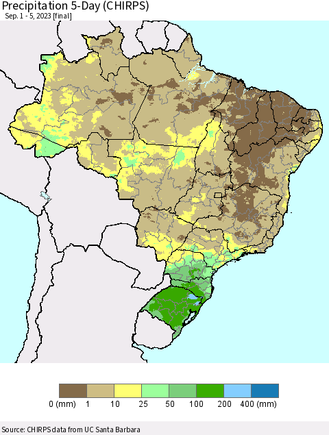 Brazil Precipitation 5-Day (CHIRPS) Thematic Map For 9/1/2023 - 9/5/2023