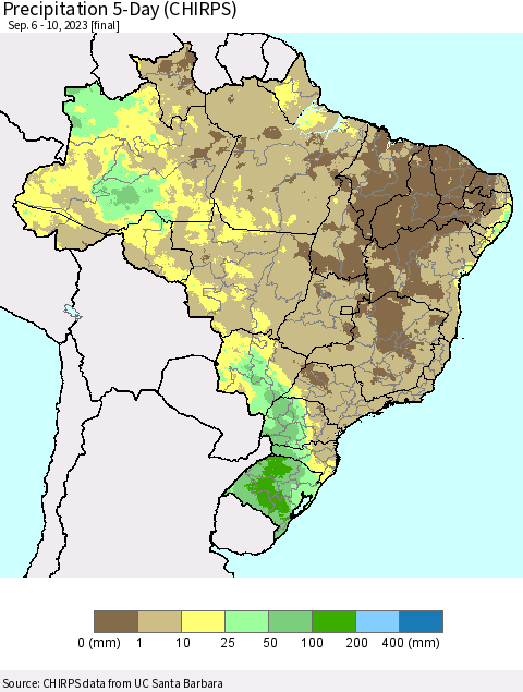 Brazil Precipitation 5-Day (CHIRPS) Thematic Map For 9/6/2023 - 9/10/2023