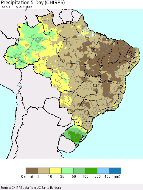 Brazil Precipitation 5-Day (CHIRPS) Thematic Map For 9/11/2023 - 9/15/2023