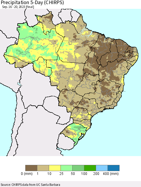 Brazil Precipitation 5-Day (CHIRPS) Thematic Map For 9/16/2023 - 9/20/2023