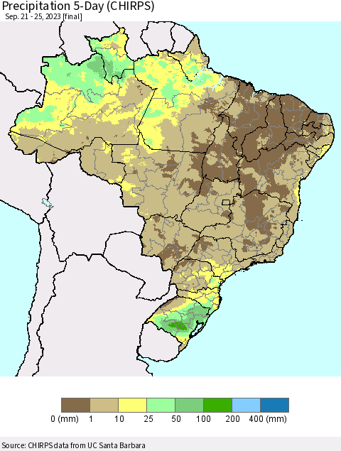 Brazil Precipitation 5-Day (CHIRPS) Thematic Map For 9/21/2023 - 9/25/2023