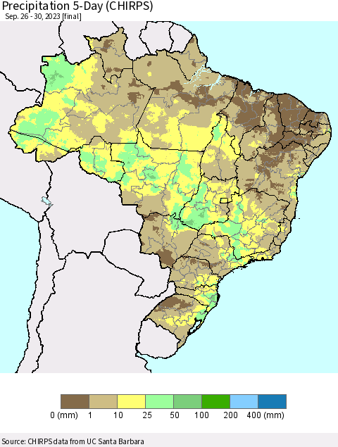 Brazil Precipitation 5-Day (CHIRPS) Thematic Map For 9/26/2023 - 9/30/2023