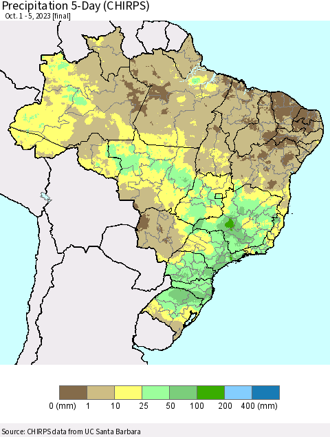 Brazil Precipitation 5-Day (CHIRPS) Thematic Map For 10/1/2023 - 10/5/2023