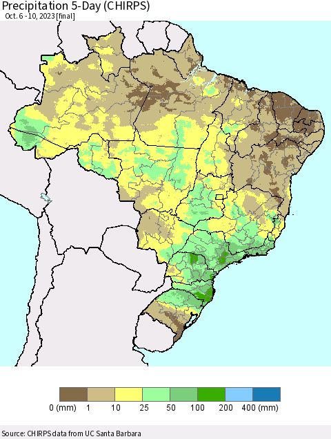 Brazil Precipitation 5-Day (CHIRPS) Thematic Map For 10/6/2023 - 10/10/2023